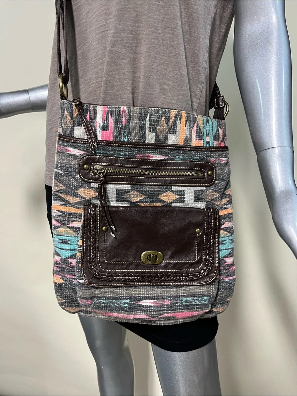 Maurices Boho Aztec Crossbody Bag Brown Faux Leather Geometric Purse